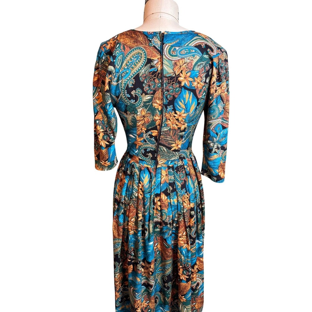 Benson & Smith Paisley Midi Dress Womens 6 Blue Dropped Waist Pleated Vintage - Picture 6 of 8